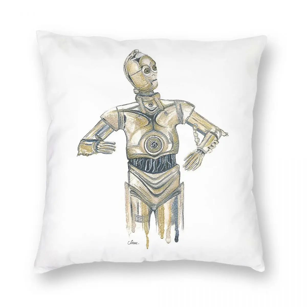 Фото Наволочка C3PO Watercolor Nostalgic Droid квадратная, из полиэстера, льна и бархата, с узором, на молнии, для дивана/кресла №5