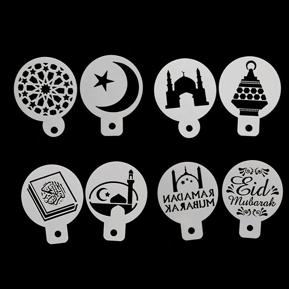 

8pcs/set Eid Mubarak Coffee Spray Stencils Cookie Biscuit Cake Mold Ramadan Mubarak Muslim Islamic PET Party Supplies Decoration