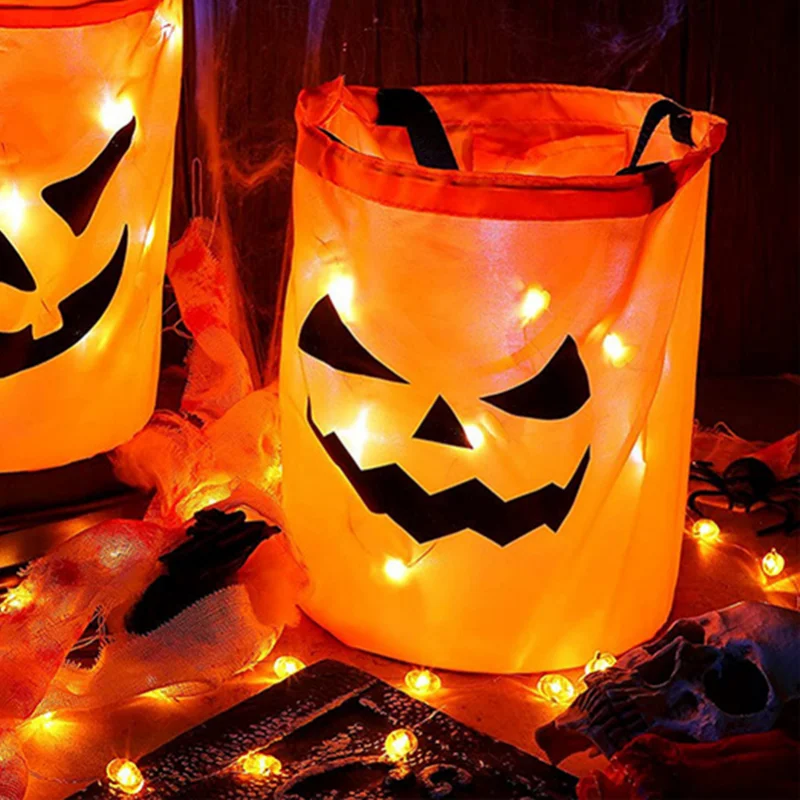 

10Pcs Halloweens Glowing Candy Bags Lights Pumpkins Trick Or Treat With LED Lamps Reusable Polyester Candy Bucket Party Gift Bag