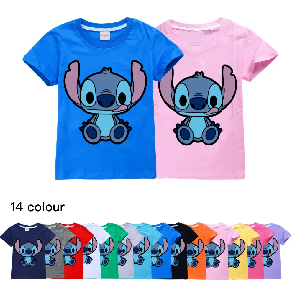 

2022 New Disney Stitch Cartoon Print Funny Casual Street Fashion Kids Boys Girls Cotton Cool T-Shirt Tops T-Shirt + Hat