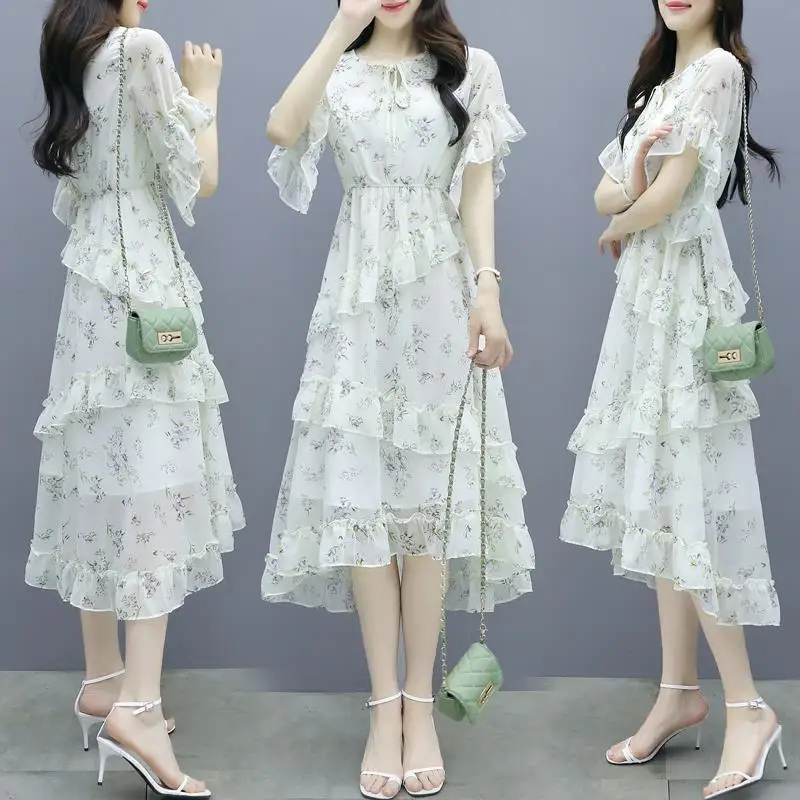 

Шифоновое Цветочное платье, Новинка лета 2023, модное темпераментное приталенное длинное платье с коротким рукавом