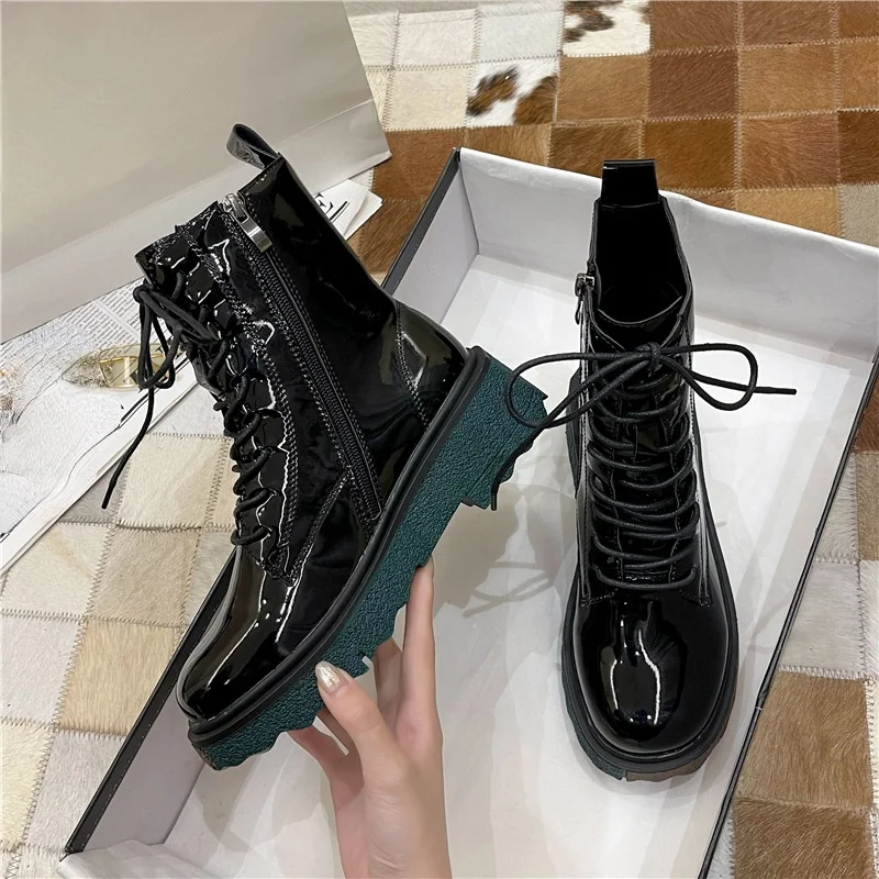 

Black Ankle Combat Boots Women 2021 Spring Autumn Lace Up Casual Platform Shoes Female Gothic PU Leather Short Motorcycle Boots