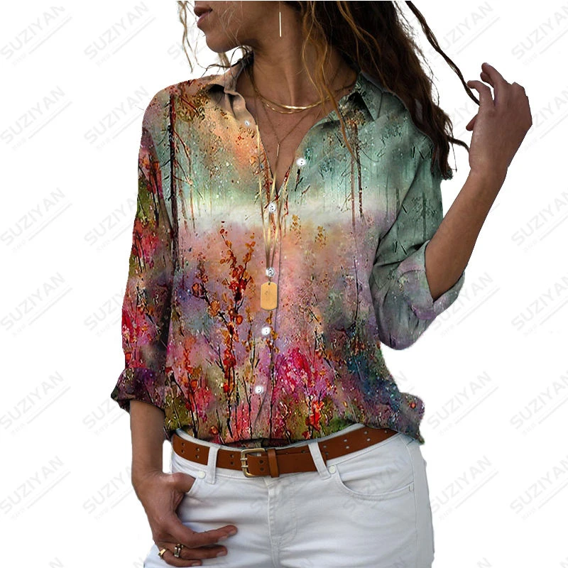 

New Pastoral Harajuku Slim Fit 3D Print Women's Button Long Sleeve Polo Top Flower Sunset Leisure Cute Shirt Plus Size 2023