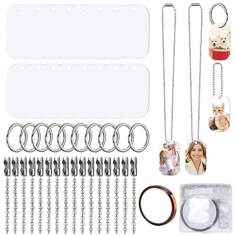 

44Pcs Sublimation Stamping Blank Aluminum Dog Tags, With Chain Necklace Chain Key Rings Heat Tape For Pet ID, Pendant