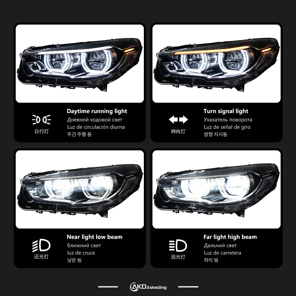 Фото Фара AKD для BMW F07 5GT, светодиодная фара 2010-2017, фары для 5 серии GT, дневные ходовые огни, указатели поворота, дальний свет, ангельские глазки, проекционная линза. №3