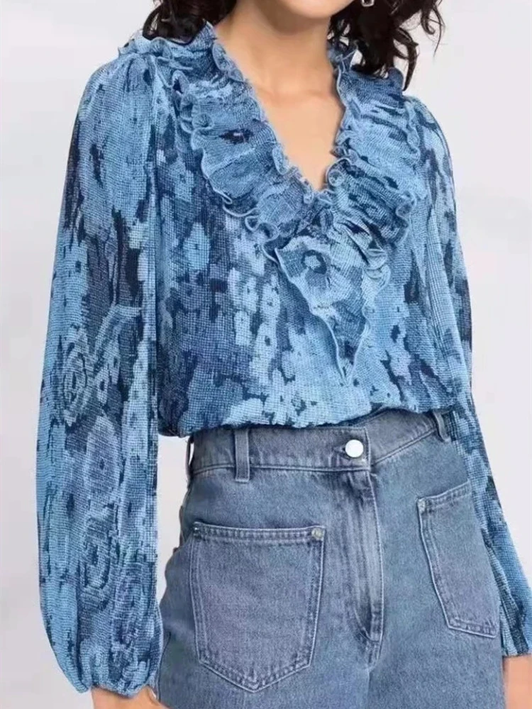 

Women Ruffles V-neck Lantern Sleeve Blouses Blue Floral Printing Ladies Chemise Loose Shirt Spring Summer 2022