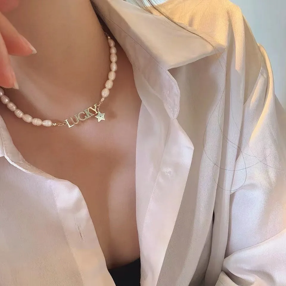 

Новое поступление, модные женские Чокеры с надписью «LUCKY» из 100% натурального пресноводного жемчуга, ожерелье для женщин, подарки на день Святого Валентина