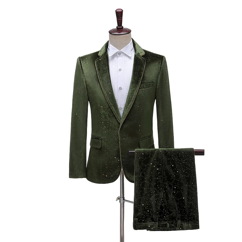 Green Bronzing Velvet 2pcs Suits for Men Singer Host Stage Prom Luxury Blazer Pants Set Retro Classic Trimmed Suit Costume Homme