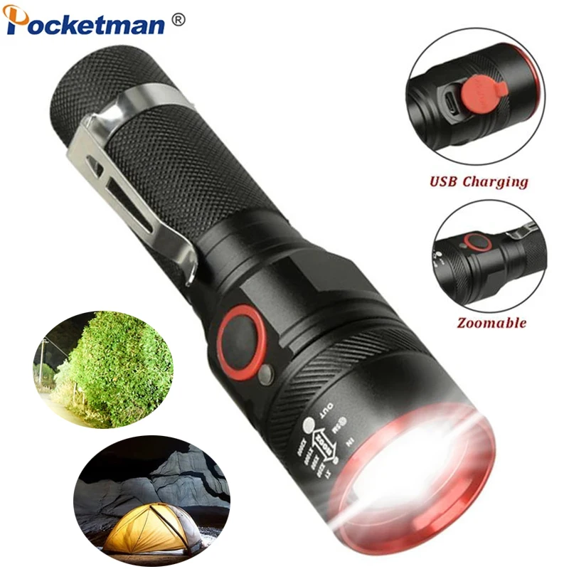 

Portable LED Flashlight Zoomable Tactical Flashlights USB Flashlight Strong Light Waterproof Torches for Camping Emergency Lamp