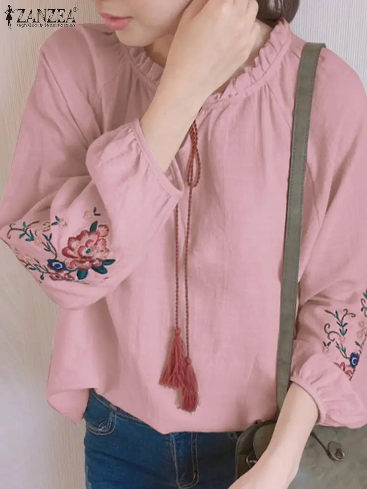 

ZANZEA Women Embroidery Top Casual Blouse Round Neck Bandage Blusas 2023 Summer Oversize Fashion Long Lantern Sleeve Shirt Femme
