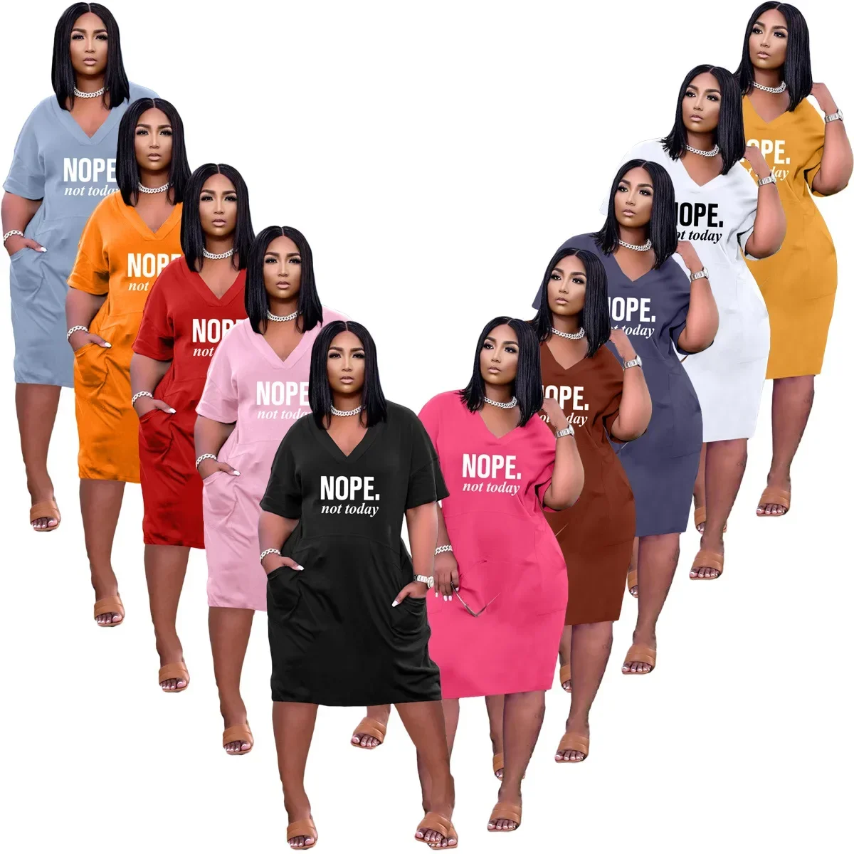 

2023 New Summer Women's V-neck T-shirt Skirt Loose Casual Long Dress