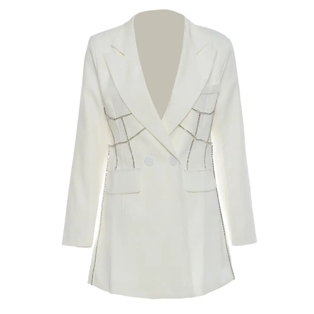 Fashion Women's Blazer Crystal Chain Design New Notched Long Sleeves Solid High Waist Slim Suit Jackets Female пиджак женский