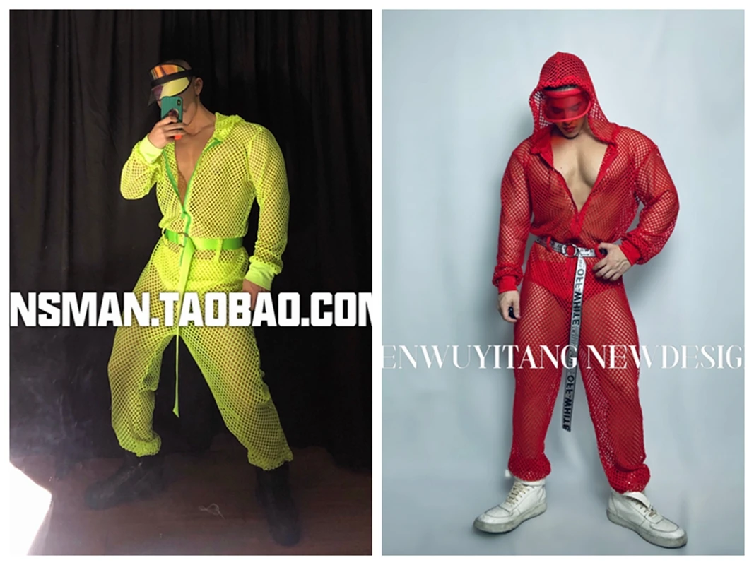 Long Sleeved Hooded Mesh See-Through Sexy Clothes Nightclub Male Singer Fluorescent Green Red Hollow Jumpsuit+Shorts Costumes