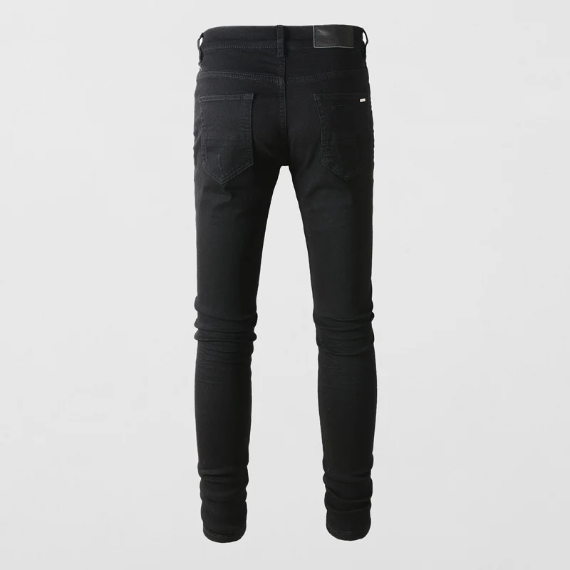 Streetwear Fashion Brand Men Jeans Elastic Leather Patched Designer Ripped Jeans Men Black Stretch Skinny Trousers Hip Hop Pants
