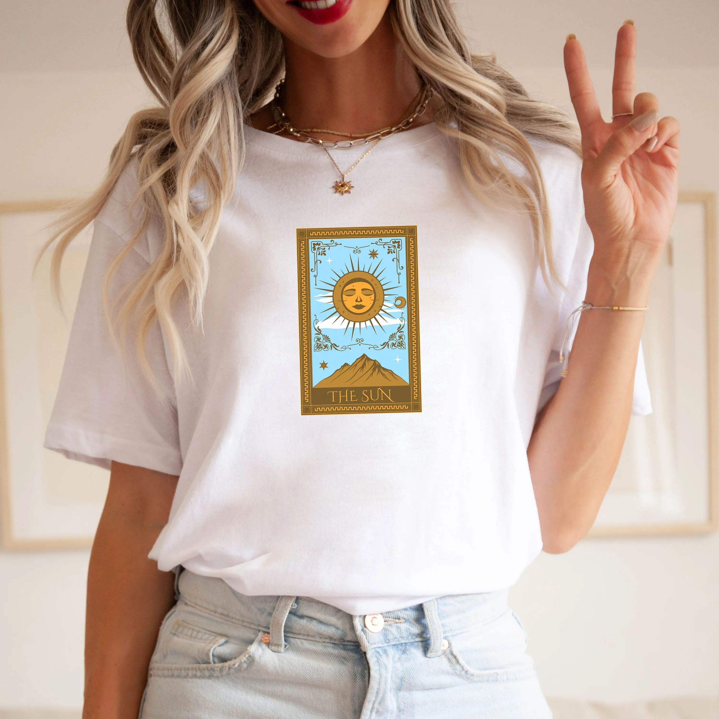 Винтажная футболка с изображением Таро карт и солнца ретро-футболка религиозная