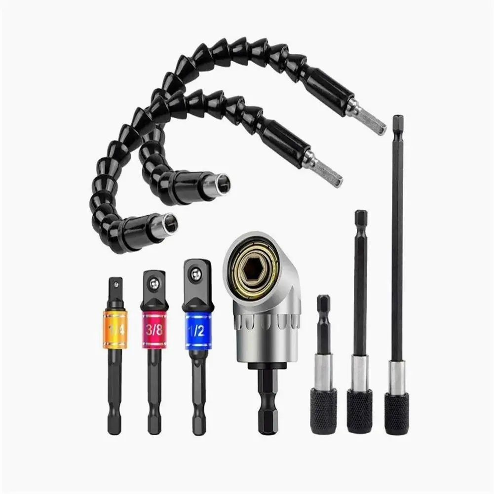 

9pcs 105 Degree Right Angle Drill Bit Set Stainless Steel 1/4" Hex Shank Socket Flexible Extension Set