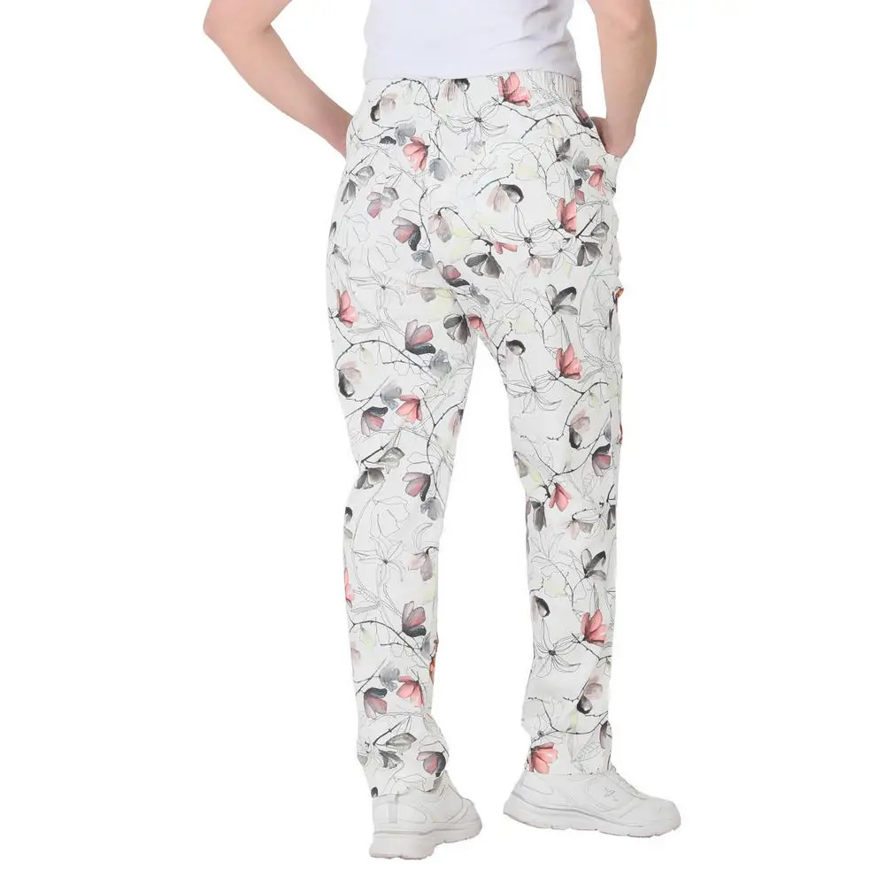 Flef women large size pants CcLeer linen high elastic waist flat leg flower stone detail patterned