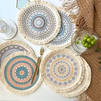 round shape table placemat plate mat bohemian style woven cotton placemat fringed heat insulation pad mat household decorative