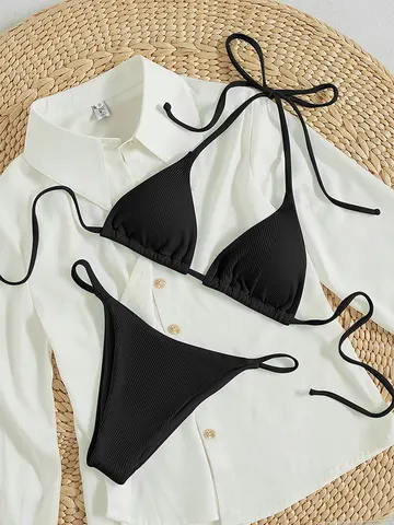 2024 специальный комплект бикини ткани в полоску для женщин, сексуальный простой однотонный купальник бикини с лямкой на шее, с высокой талией, на шнуровке, пляжный купальный костюм