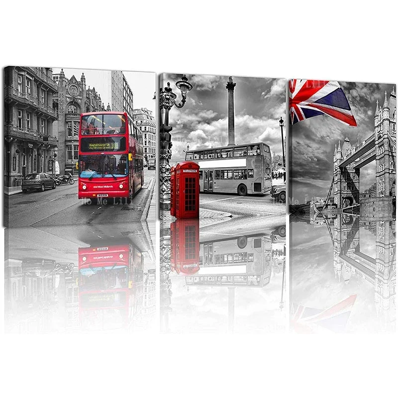 Modern Prints Red Bus On London Street Black And White Wall Art Union Jack Decor Paintings Canvas For Home Décor