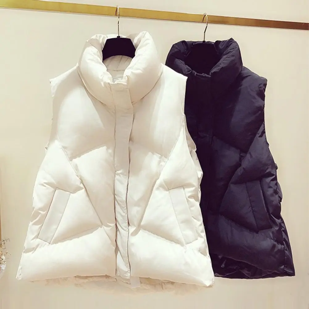 

Sleeveless Side Pockets Unique Cutting Zipper Buttons Fly Vest Jacket Solid Color Winter Down Puffer Vest Loose Winter Waistcoat