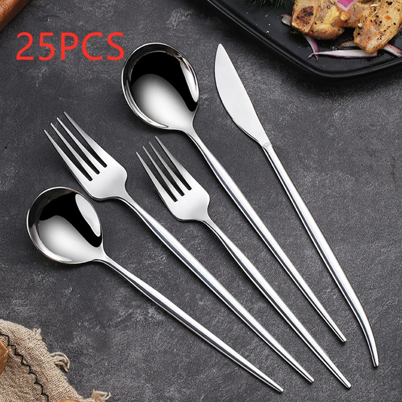 

25 Pcs Dinnerware Set Stainless Steel 304 Silver stainless steel set Cutlery Luxury Mirror Advance Cutlery Kitchen Accessories