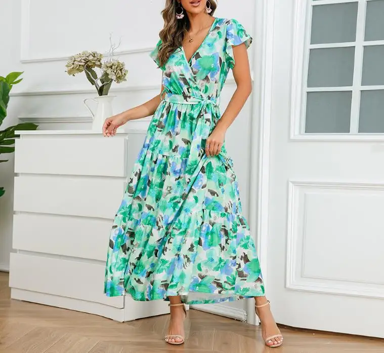 Summer Outfits Elegant Dresses for Women 2023 Vestidos Lotus Sleeve V-Neck Short Sleeve Dress Bohemian Print Casual Long Dress