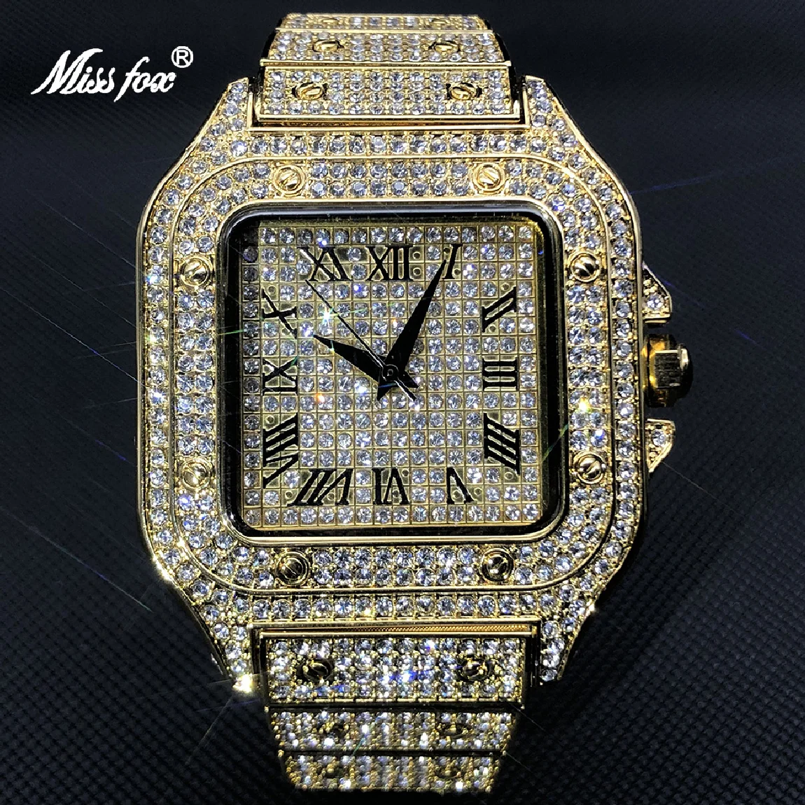 

MISSFOX Luxury Square Thin Men's Watches Hip Hop Diamond Gold Bracelet Wristwatch Business Stainless Steel Quartz Watch Jewelry