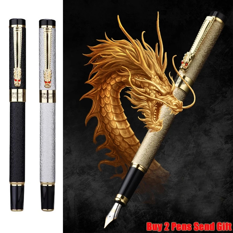 

Подарочная перьевая ручка для мужчин, хит продаж, металлическая ручка с 2 драконами и кристаллами, с полными чернилами, для письма в деловом стиле