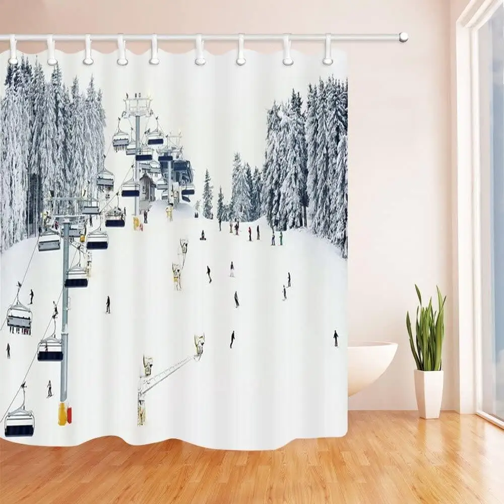 winter skiing shower curtain set modern ski station snow mountain pine tree forest bath curtains blue christmas bathroom decor free global shipping