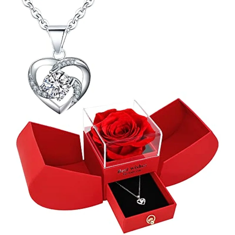 

Preserved Red Rose with I Love You Necklace, Valentines Day Gifts, Birthday Gifts for Mom Women Wife GirlfriendBox- to My Love