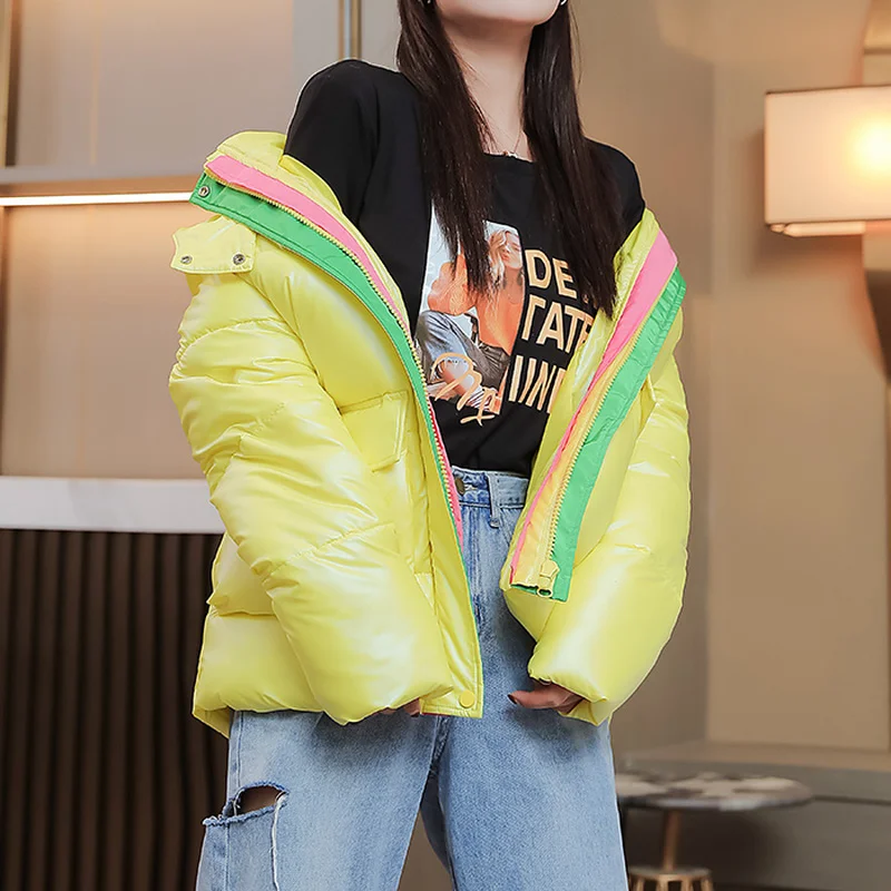 Glossy Cotton Thickening Jackets Female Short Outerwear Winter Loose Korean Women's Coats Bread Clothes Color Match Overcoat New