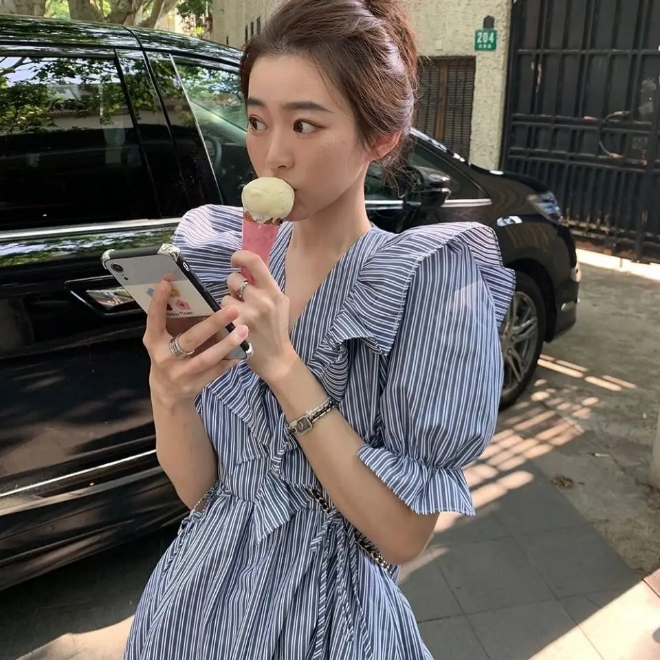 

French Striped Loose Doll Skirt 2020 New Women's Summer Waist Ruffled Puff Sleeve Dress