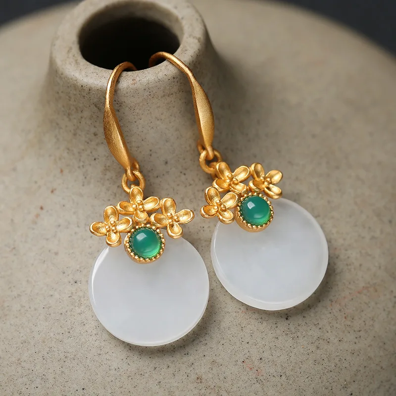 

Natural Hetian jade earrings for women round ancient gold craft flowers elegant dreamy high-end sense Eardrop new in jewelry