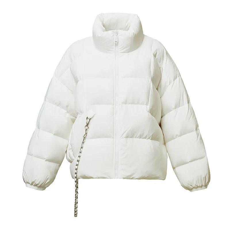 Short Down Jacket Women Winter Loose Basic Metal Chain All-match Girl Jackets Cold Resistance Durable White Duck Bread Soft Coat