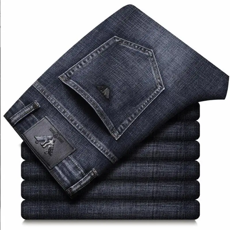 

High Quality Spring Winter Thick Cotton Jeans Men's Straight Stretch Loose High-Waisted Blue Gray Pants Size 29-40