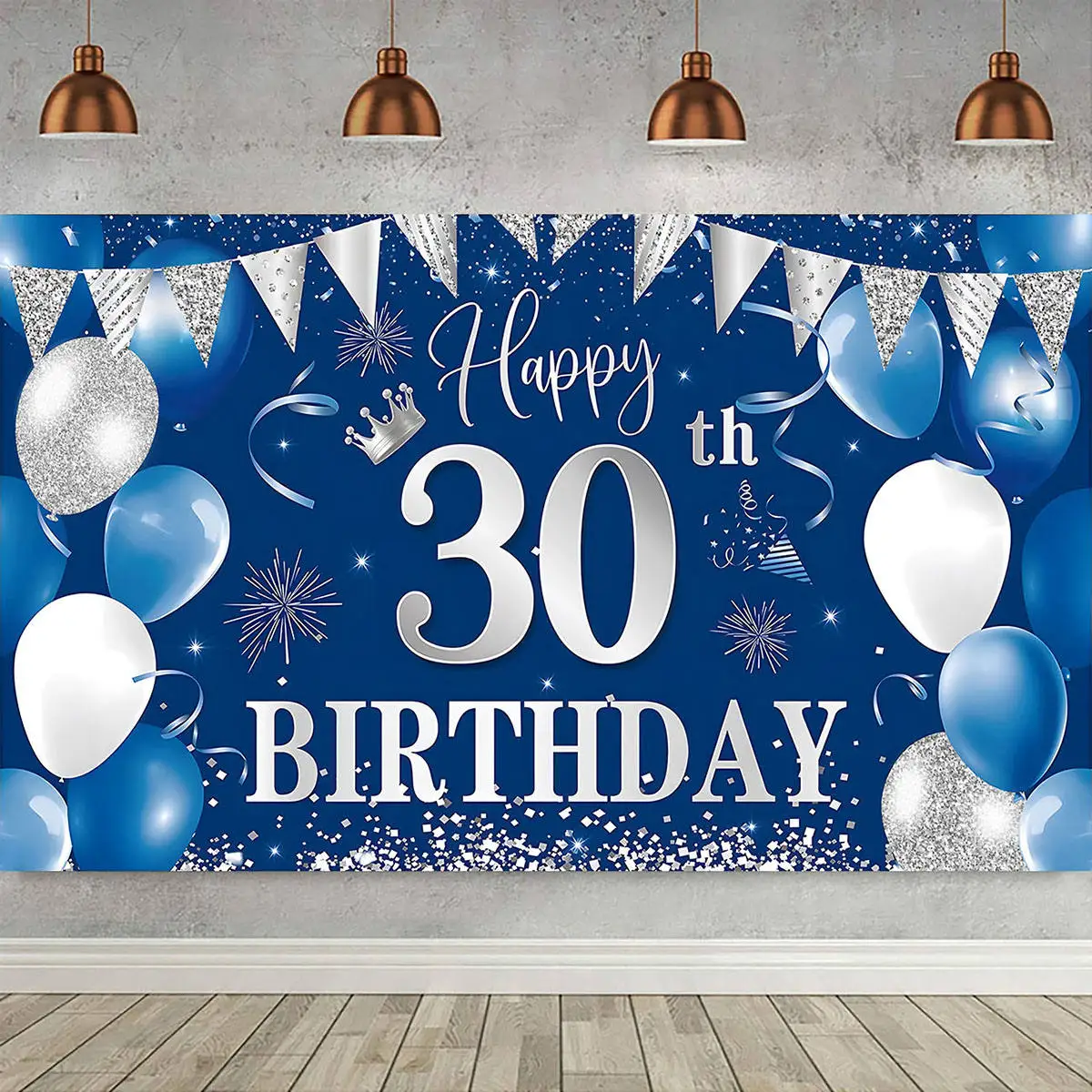 

Happy 30th Birthday Party Decor Banner Backdrop for Women Men Thirty 30 Years Old Crown Glitter Sequin Balloon Blue Background