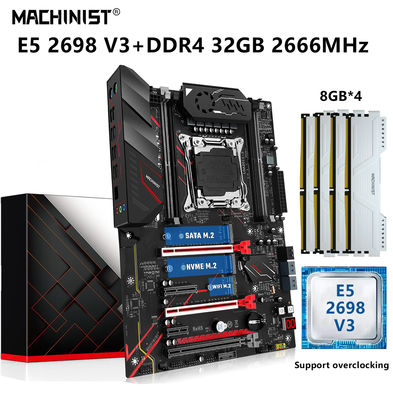

MACHINIST MR9A PRO MAX Motherboard LGA 2011-3 Set Kit Xeon E5 2698 V3 CPU Processor 32G=8Gx4 DDR4 2666MHz Memory Combo NVME M.2