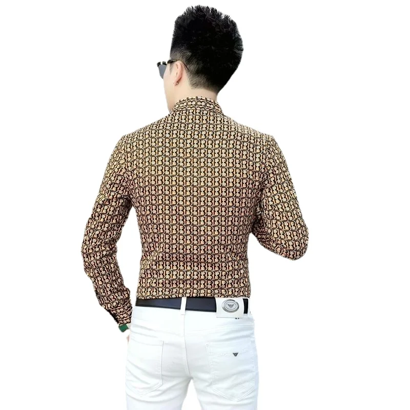 Spring and Autumn Men's Long -shirt Shirt, Lapel Single Chest Buckle, Tiger Printing Letter Pattern, Street Men's Clothing