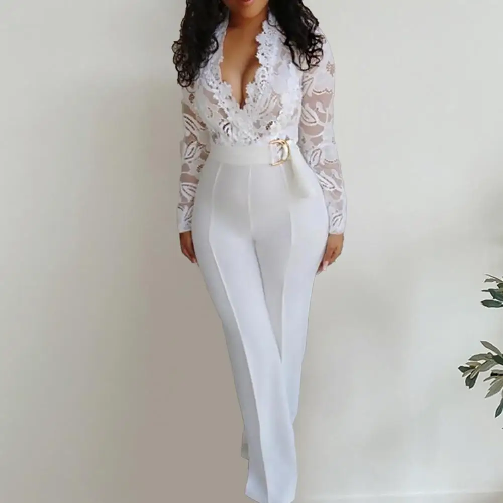 

Stylish Office Lady Jumpsuit Solid Color Waist Tied Loose Hollow Out Lace Patchwork Jumpsuit