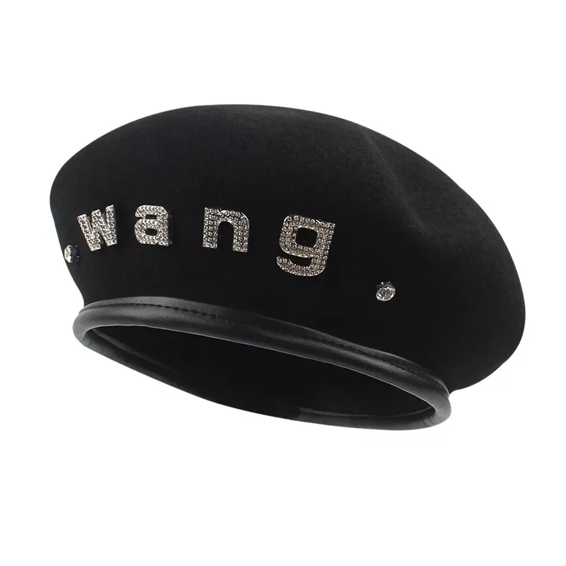 Solid Color Designer Brand Black Letters Rhinestone Female Beret Casual Painter Hat Famous Brand Elegant Female Hat