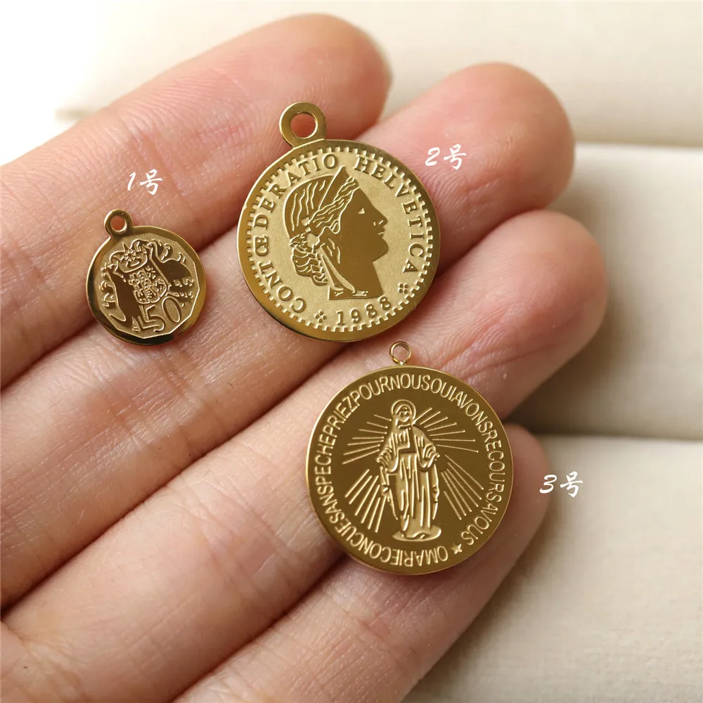 

Titanium steel 18K gold plated round double face Jesus Figure coin round brand necklace pendant DIY accessory