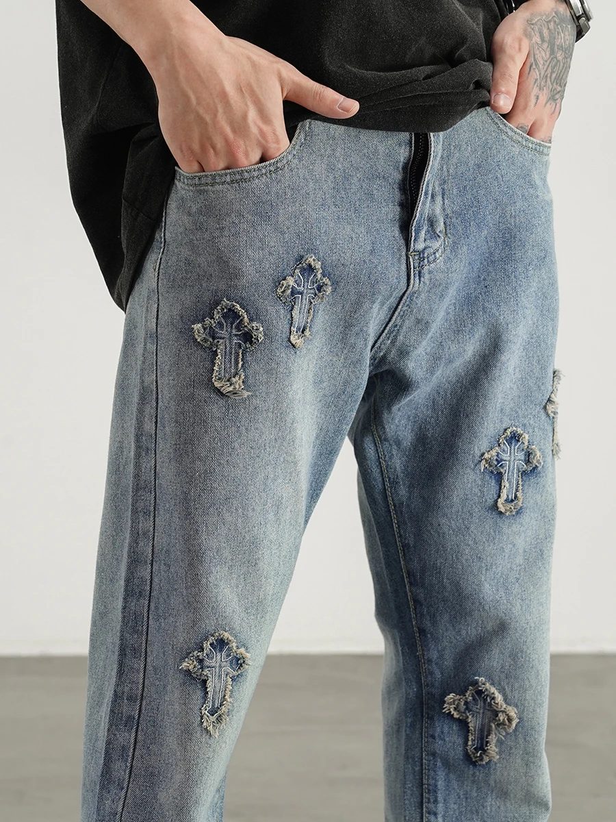 Men's Jeans Four Seasons Cross Embroidery Straight Loose Pants Men's and Women's Streetwear Ins Hot Sale Y2k Men's Jeans JEANS