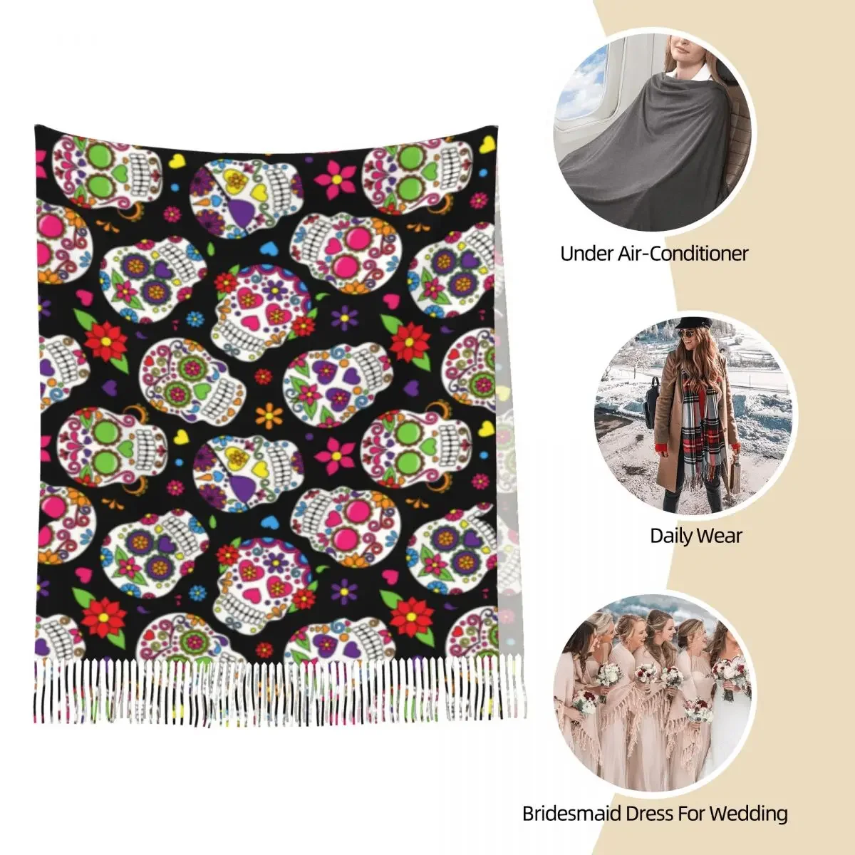 Женский шарф с бахромой большой милым сахарным черепом зимняя Осенняя шаль и