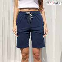 movokaka high waist casual womens pants slim elastic waist blue solid color lace pockets sports straight five point pants women