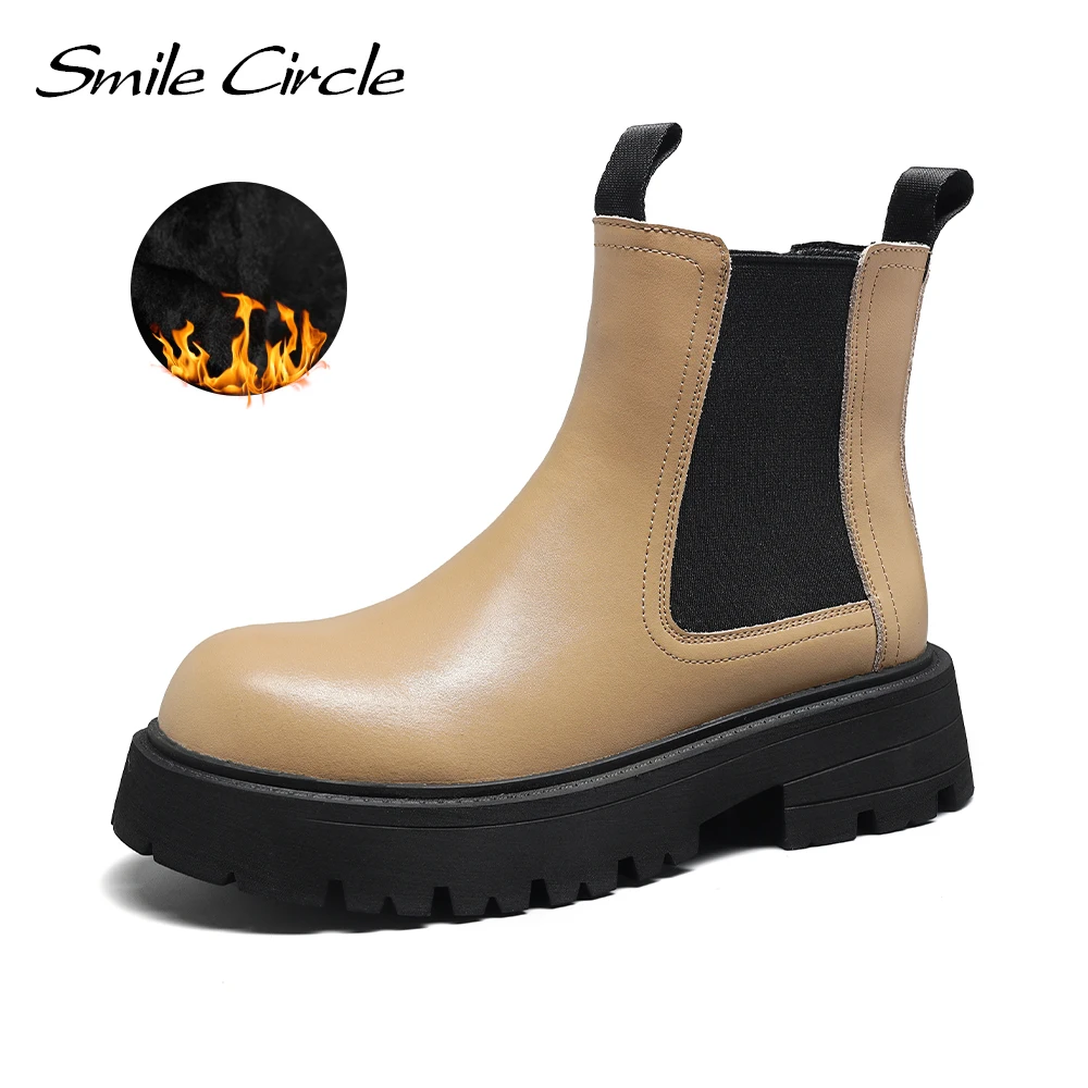 Smile Circle Chelsea Ankle Boots Women Winter Plush Warm Platform Boots Round toe Chunky Shoes for Women