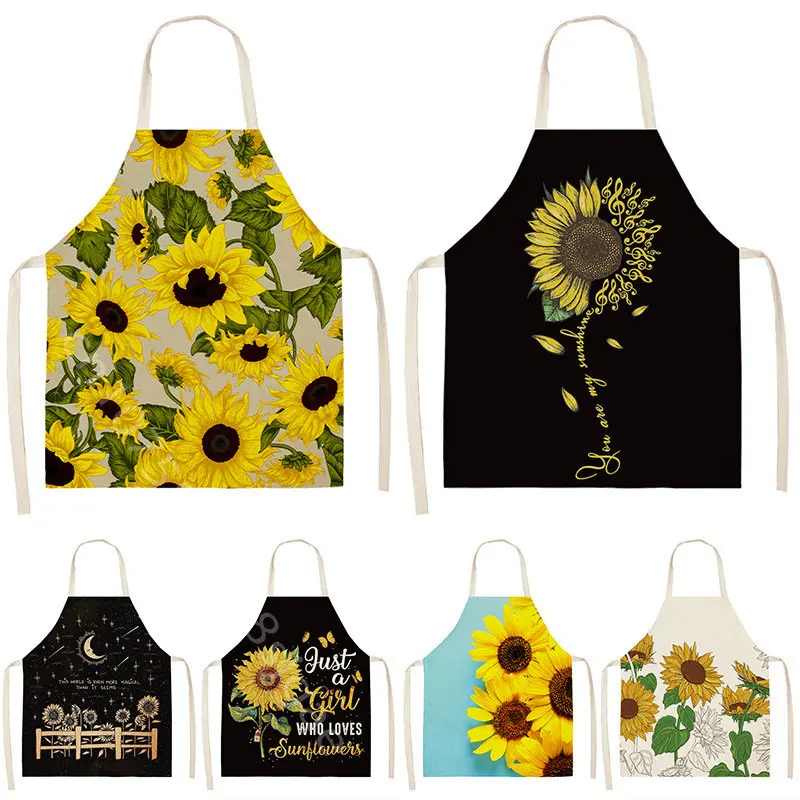 

Sunflower Pattern Apron Kitchen Cooking Pinafore For Women Home Linen Sleeveless Bib Childs Baking Accessories BBQ Waist Aprons