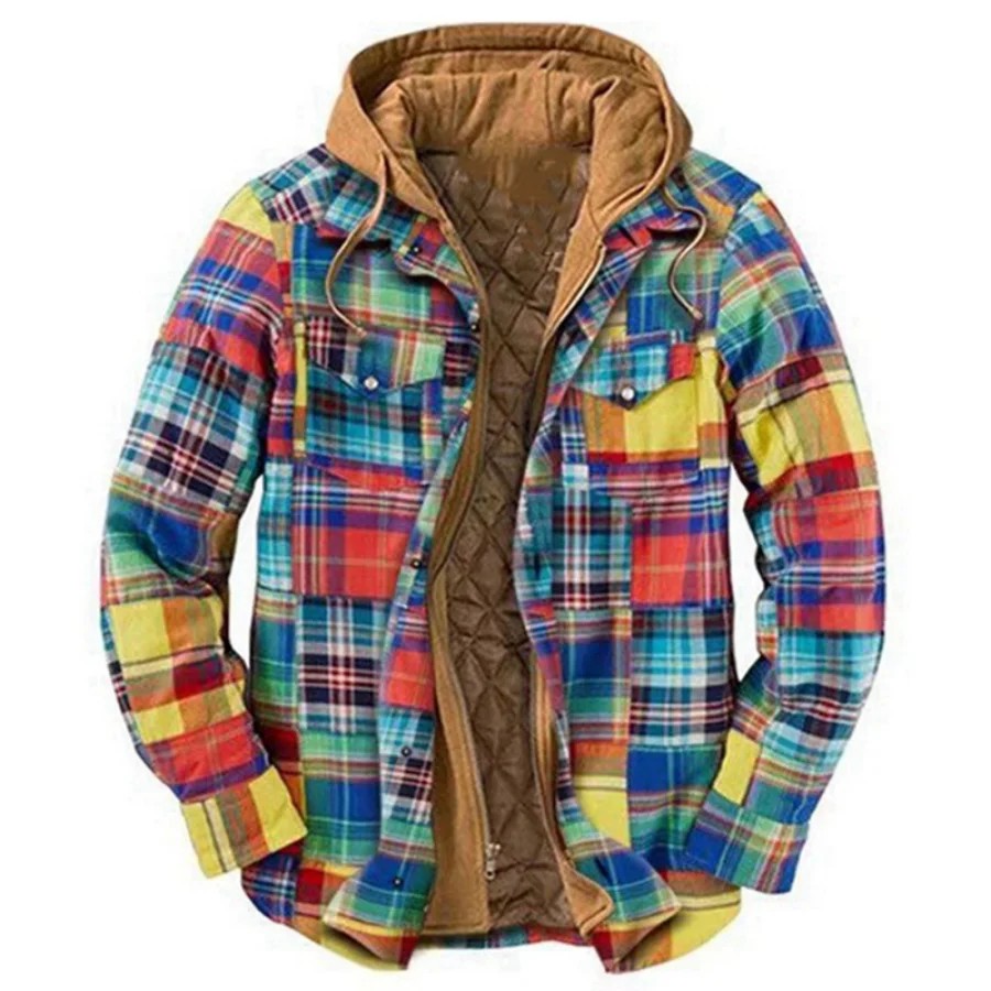 2022 Men Retro Vintage Autumn Winter Long Sleeve Plaid Shirt Jacket For Men Checked Jacket Coat Overcoat Hooded Pocket Jacket