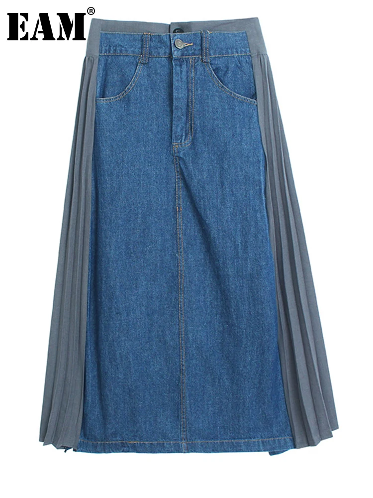 

[EAM] High Elastic Waist Gray Denim Pleated Long Casual Half-body Skirt Women Fashion Tide New Spring Autumn 2023 1DF7756