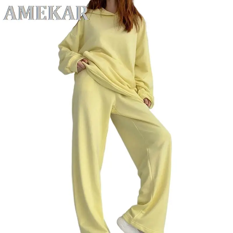 2022 Women Tracksuit Sets Yellow Oversized Sweatshirt Hoodies Cotton Suit 2 Pieces Sets Hood Tops And Pants